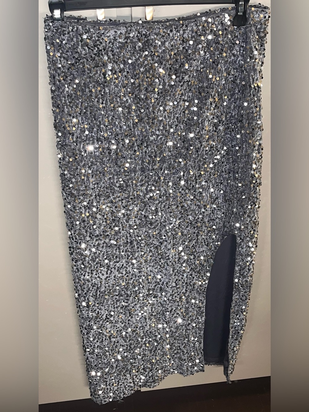 Madden NYC XXL Silver Sequin Velour Maxi Skirt Side Slit Holiday Party